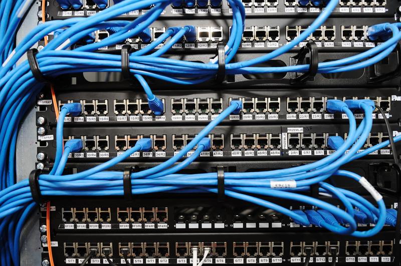 Blue Ethernet cables neatly connected to a patch panel