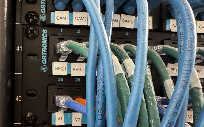 Labeled patch panel with camera, register and VoIP ports in a retail network closet
