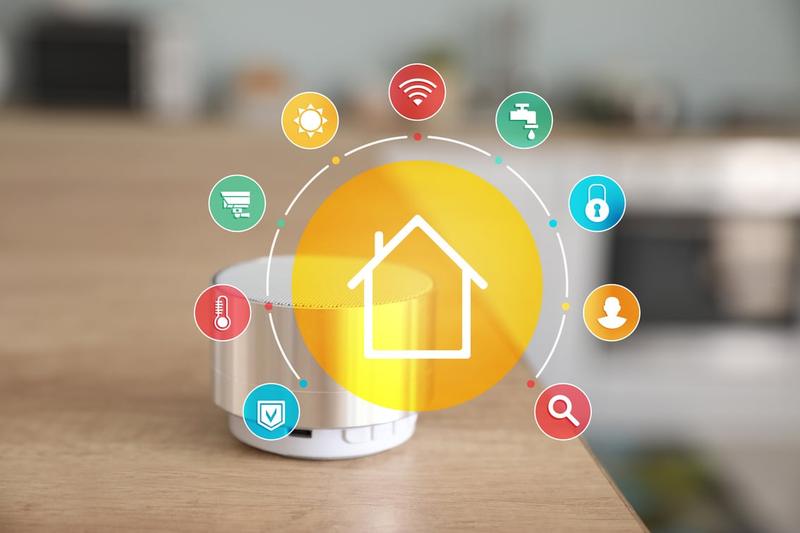Smart home speaker on a table with icons for connected devices